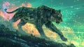 Illustrate a surreal scene of a robotic lioness pouncing under a sky filled with glowing binary code stars Infuse this moment