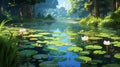 a tranquil pond with lily pads