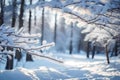 snow-laden branches and a hint of soft sunlight