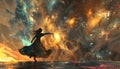 Illustrate the unique blend of Space Exploration and Dance Forms using CG 3D rendering, presenting a mesmerizing low-angle view of