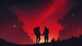 Illustrate a vector silhouette of a couple stargazing under a sky filled with white and red constellations