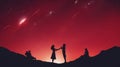 Illustrate a vector silhouette of a couple stargazing under a sky filled with white and red constellations