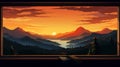 Illustrate the view from a window overlooking a mountain ridge during sunset with dramatic silhouettes