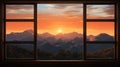 Illustrate the view from a window overlooking a mountain ridge during sunset with dramatic silhouettes