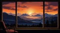 Illustrate the view from a window overlooking a mountain ridge during sunset with dramatic silhouettes