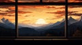 Illustrate the view from a window overlooking a mountain ridge during sunset with dramatic silhouettes