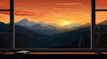 Illustrate the view from a window overlooking a mountain ridge during sunset with dramatic silhouettes