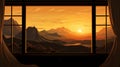 Illustrate the view from a window overlooking a mountain ridge during sunset with dramatic silhouettes