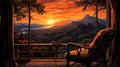 Illustrate the view from a window overlooking a mountain ridge during sunset with dramatic silhouettes