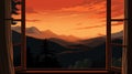 Illustrate the view from a window overlooking a mountain ridge during sunset with dramatic silhouettes