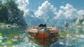 Illustrate a worms-eye view fisherman using digital rendering techniques like photorealistic 3D rendering to bring out the minute