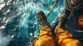 Illustrate a worms-eye view fisherman using digital rendering techniques like photorealistic 3D rendering to bring out the minute