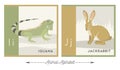 Illustrated alphabet cards with animals for kids. Letter I for iguana and letter J for jackrabbit.