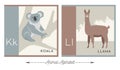 Illustrated alphabet cards with animals for kids. Letter K for Koala and letter L for Llama.