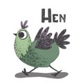 Illustrated alphabet letter H and hen