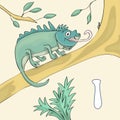 Illustrated alphabet letter I and Iguana. ABC book image vector cartoon. Iguana is standind on a branch of tree Royalty Free Stock Photo