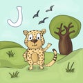 Illustrated alphabet letter J and Jaguar. ABC book image vector cartoon. Jaguar stands near the hill and waving his paw