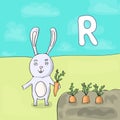 Illustrated alphabet letter R and Rabbit. ABC book image vector cartoon. A white rabbit with a carrot stands near the