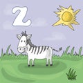 Illustrated alphabet letter Z and Zebra. ABC book image vector cartoon. Zebra is grazed on a meadow in a zoo. Children`s Royalty Free Stock Photo