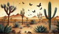 illustrated background with a desert motif cacti sand