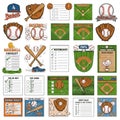 Illustrated baseball-themed graphics arranged in a grid. Elements include baseball Royalty Free Stock Photo