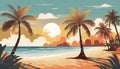 illustrated beach with palm trees, sun, sea and sand Royalty Free Stock Photo