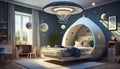 illustrated blue space design room with bed and toys