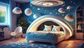 illustrated blue space design room with bed and toys