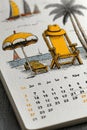 Illustrated calendar page with beach scene featuring chairs, umbrella, and palm trees Royalty Free Stock Photo