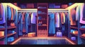 An illustrated cartoon depicts a walk-in closet or dressing room full of clothes for men and women. Clothes are hung on Royalty Free Stock Photo