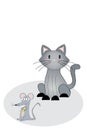 Illustrated cat and mouse on grey rug