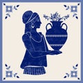 Illustrated ceramic tile. Ancient Greece girl carrying an amphora with olive branches