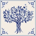 Illustrated ceramic tile. Olive tree hand drawn and butterfiles isolated