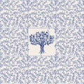 Illustrated ceramic tile. Pattern of hand-drawn olive branches and olive tree