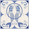 Illustrated ceramic tile. Two beautiful twin mermaids, retro style, holding a hoop