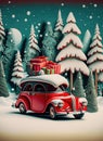 illustrated Christmas background with a red car