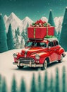 illustrated Christmas background with a red car