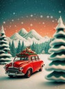 illustrated Christmas background with a red car