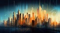 Illustrated cityscape background, a vibrant tapestry of urban life