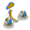 Illustrated cloud system and upload. People who work using the network. Business team work. isometric