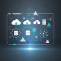 Illustrated are clouds with arrows indicating data upload and download Royalty Free Stock Photo