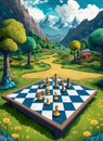 illustrated colorful chessboard with pieces in nature