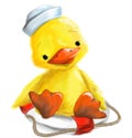 Illustrated cute duck with marine cap sitting on rescue wheel