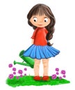 Illustrated cute gardener girl with watering-can Royalty Free Stock Photo