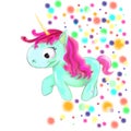 Illustrated cute unicorn with coloured dots on white background