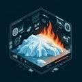 An illustrated depiction of a melting iceberg with flames rising from it, set within a Royalty Free Stock Photo