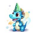 Illustrated dinosaur party concept, small cute dinosaur with birthday cap having fun Royalty Free Stock Photo