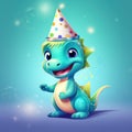 Illustrated dinosaur party concept, small cute dinosaur with birthday cap having fun Royalty Free Stock Photo