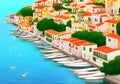 Illustration of a Harbor View of a Mediterranean Island with Charming White Houses with Red Roofs and Boats. Royalty Free Stock Photo