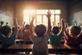 Child raising hands in class with back turned 3D illustration, back to school. Generative ai Royalty Free Stock Photo